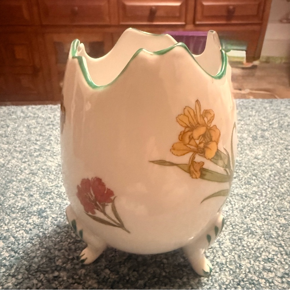 White Ceramic Floral Egg Vase with Green Trim